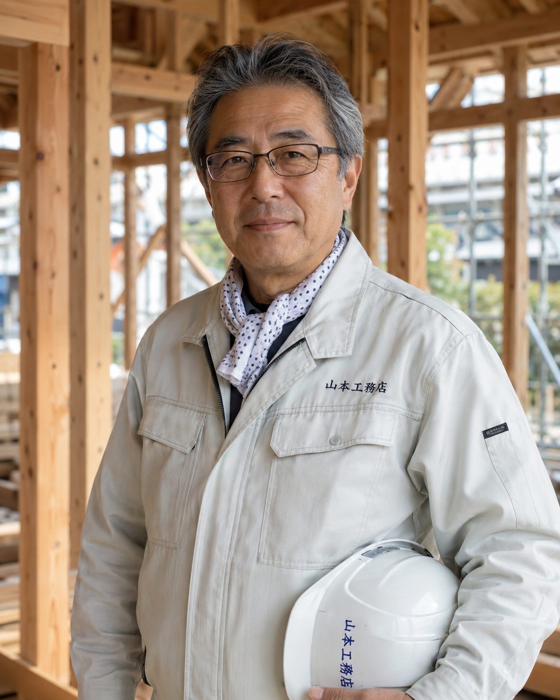 木造の現場でヘルメットを手に持つ架空人物(AI・構成見本)