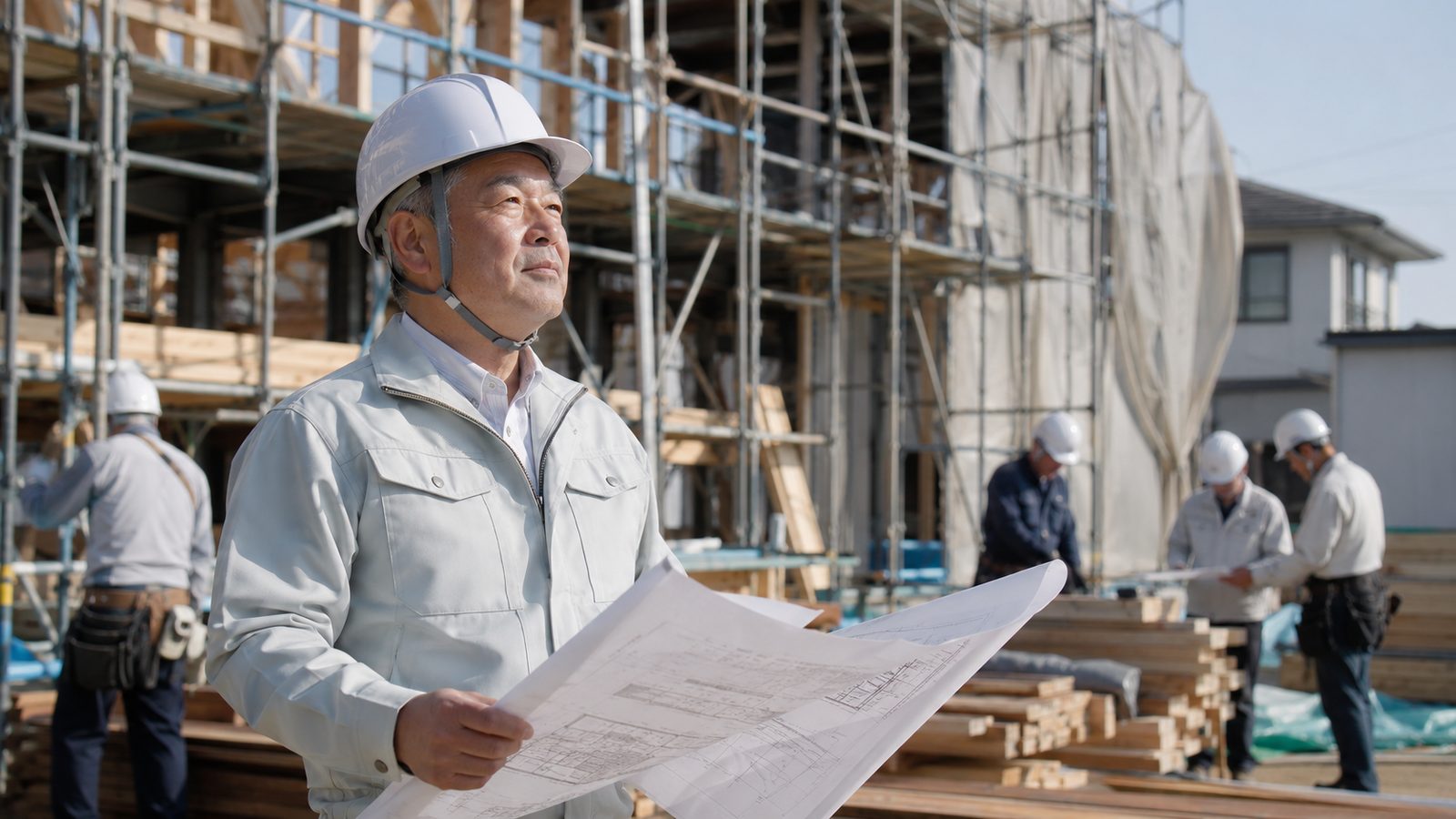 木造建築の現場で図面を確かめる職人（AI・構成見本）