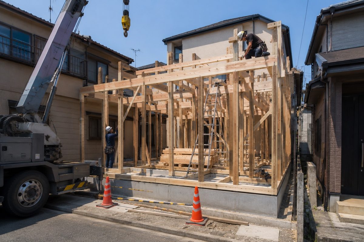 住宅の木造軸組を組み上げる現場(AI・構成見本)