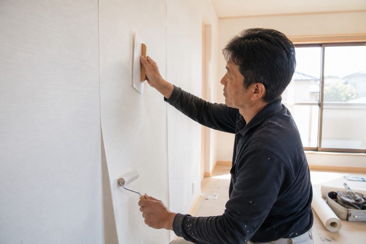 室内の壁に手を当てて状態を確認する人物(AI・構成見本)