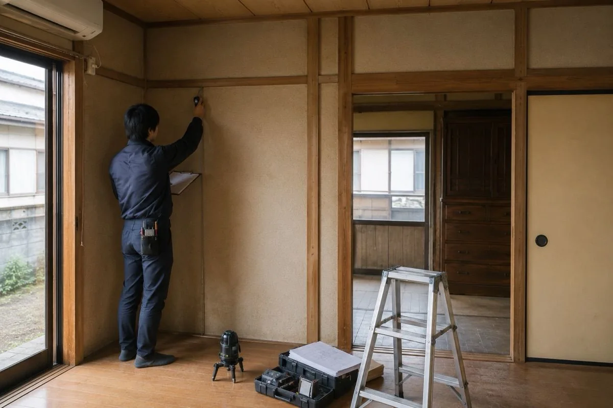 和室で壁の高さを確かめる作業者(説明用イメージ)