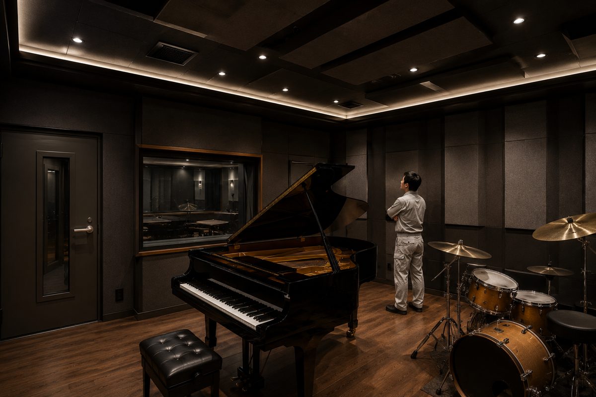 木の内装と間接照明を備えた音楽室の仕上がりイメージ（AI・構成見本）