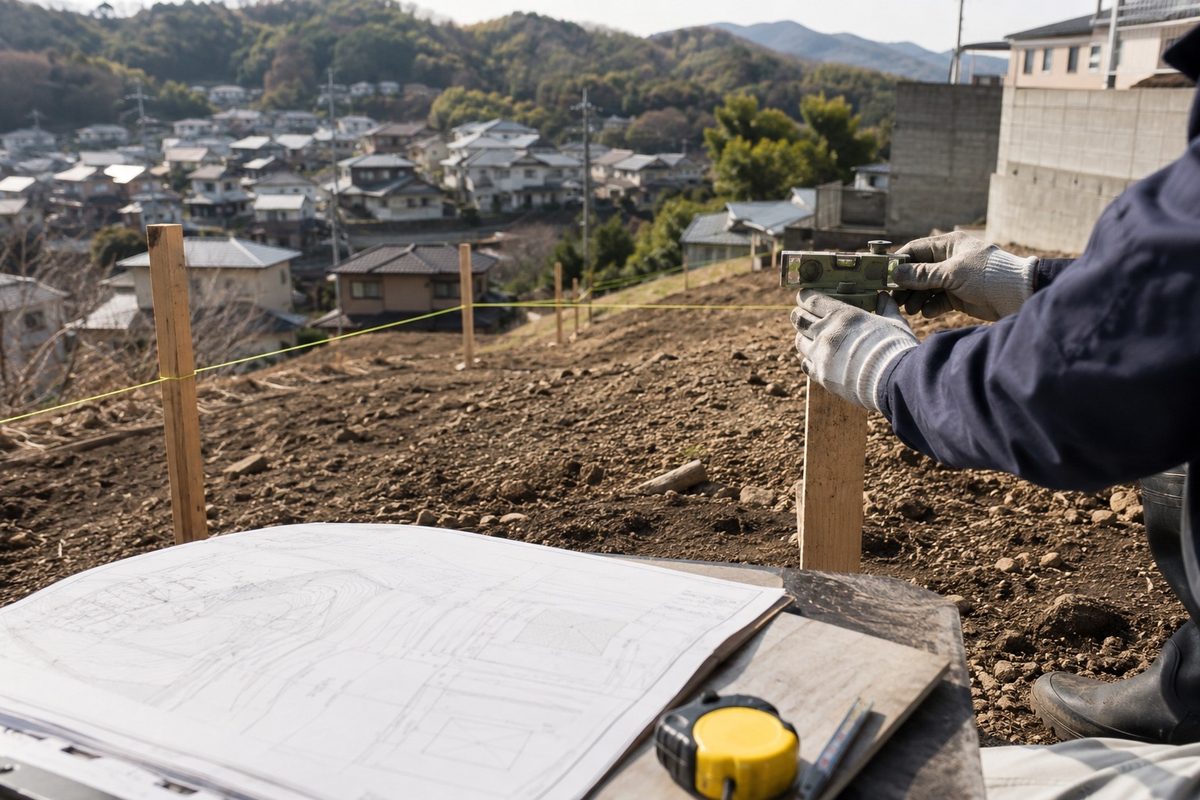 地面に張った糸と図面を見ながら庭の範囲を確認する手元(AI・構成見本)