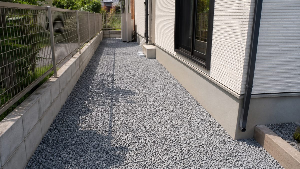 住宅脇に砂利を敷いた細い通路(AI・構成見本)