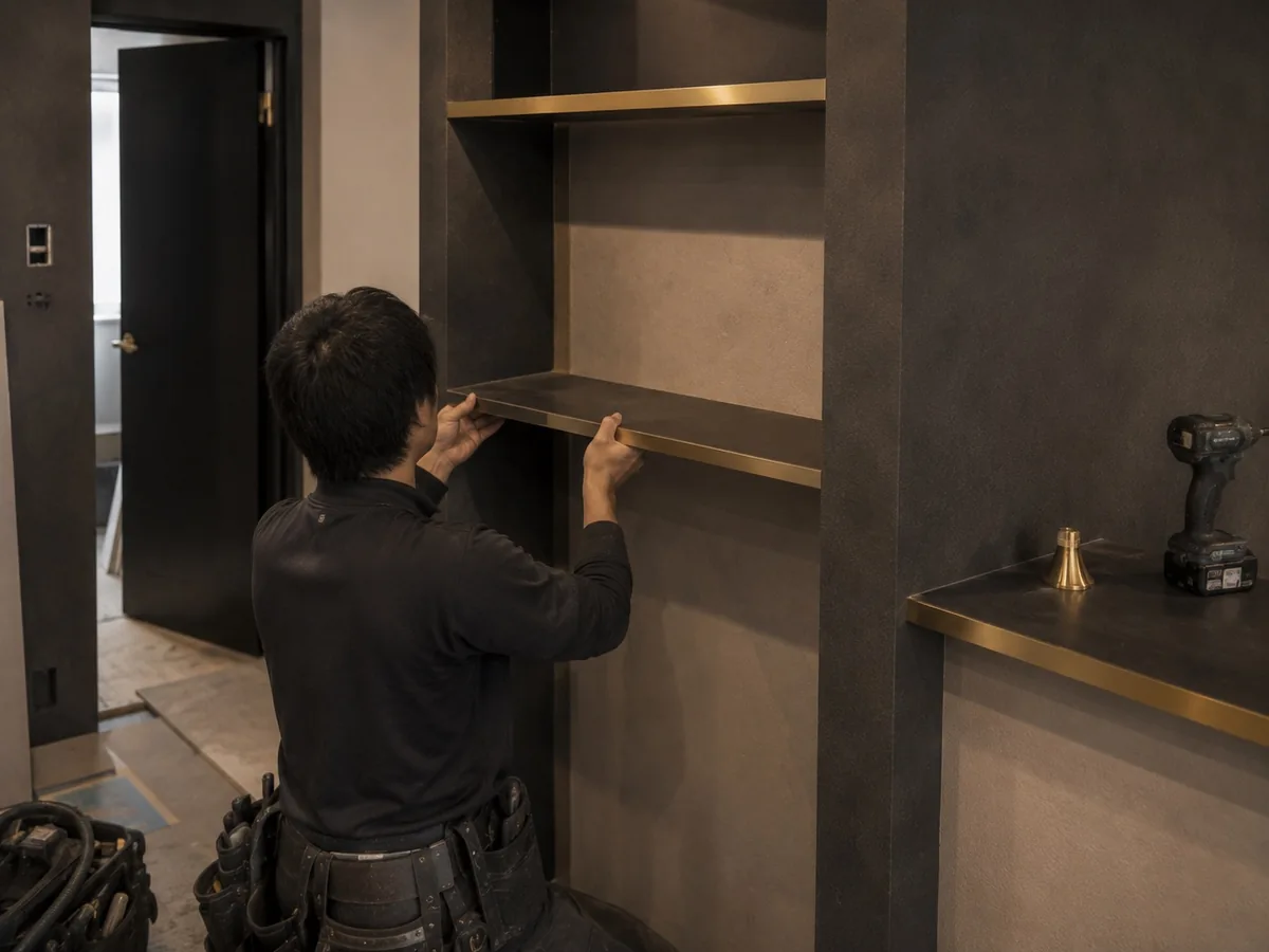 室内の壁際に道具を当てて状態を確かめる作業者(説明用イメージ)