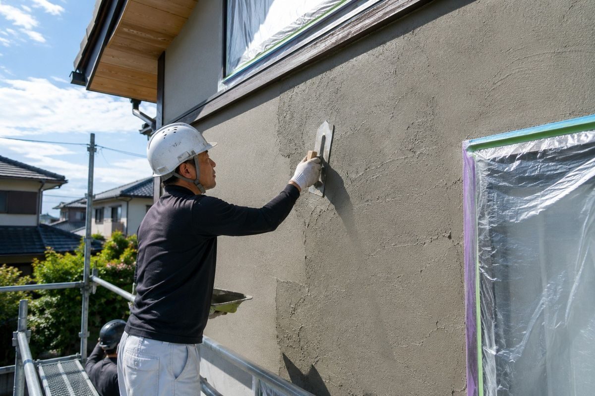 住宅の外壁を鏝で仕上げる職人(AI・構成見本)