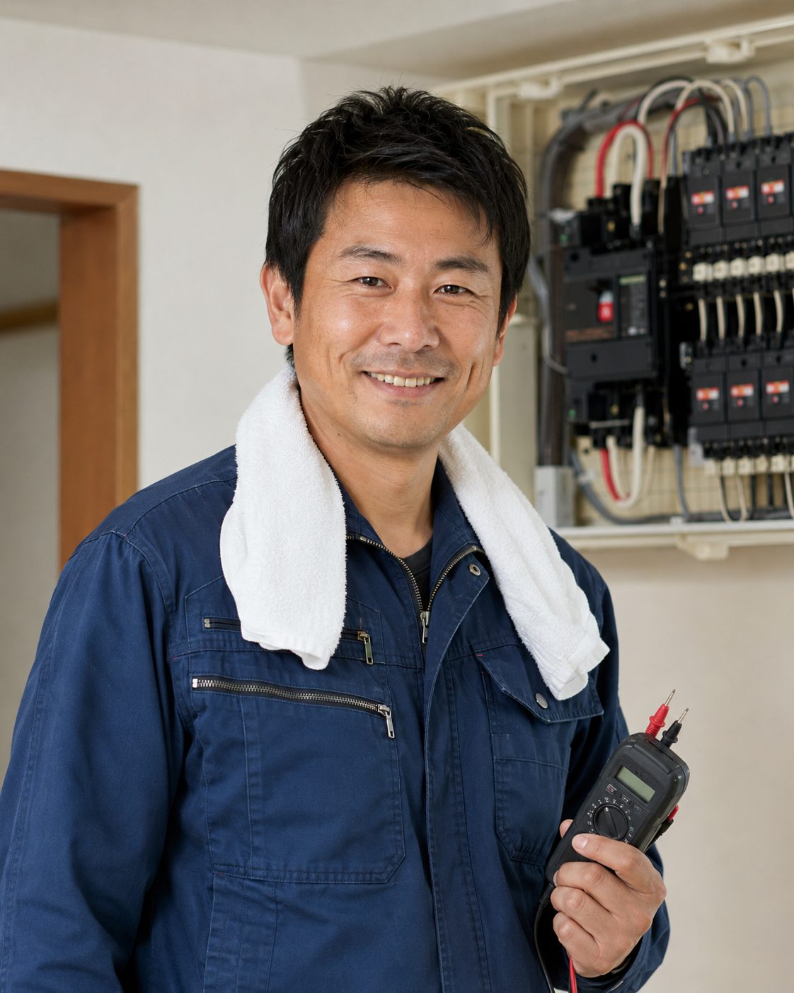 作業服で道具を持つ架空の技術職人物（AI・構成見本）