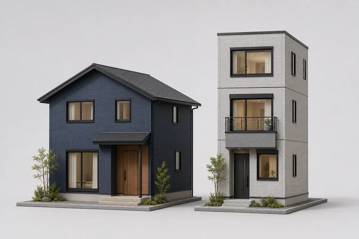 日本の二階建てと狭小三階建てを並べたAI生成3D(説明用イメージ)