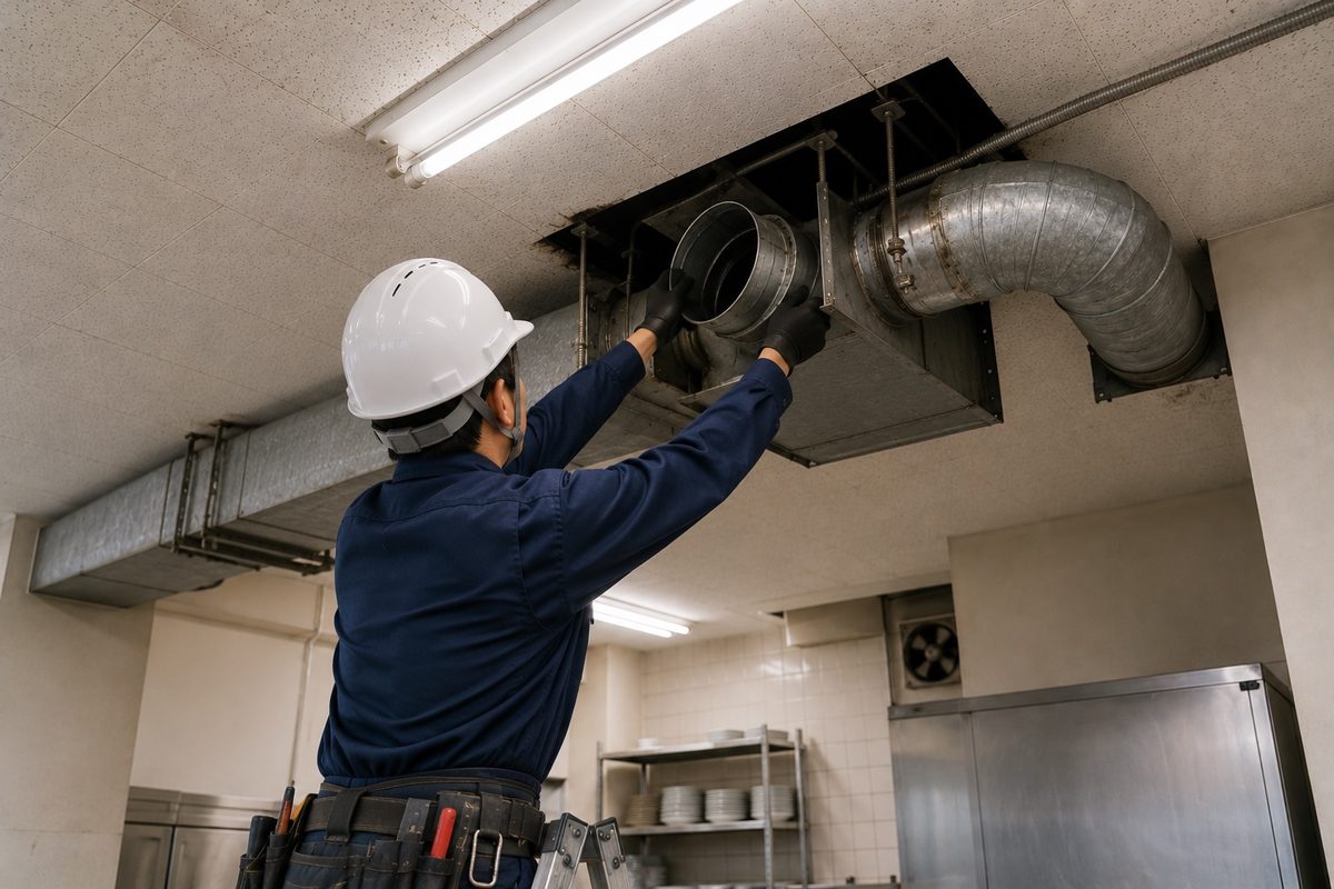 壁上部の換気ダクトを工具で調整する作業者(AI・構成見本)