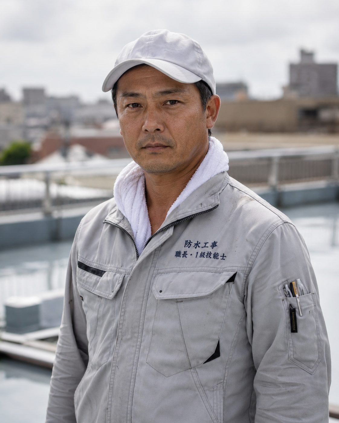 屋外で作業服と帽子を着けた架空の職人(AI・構成見本)