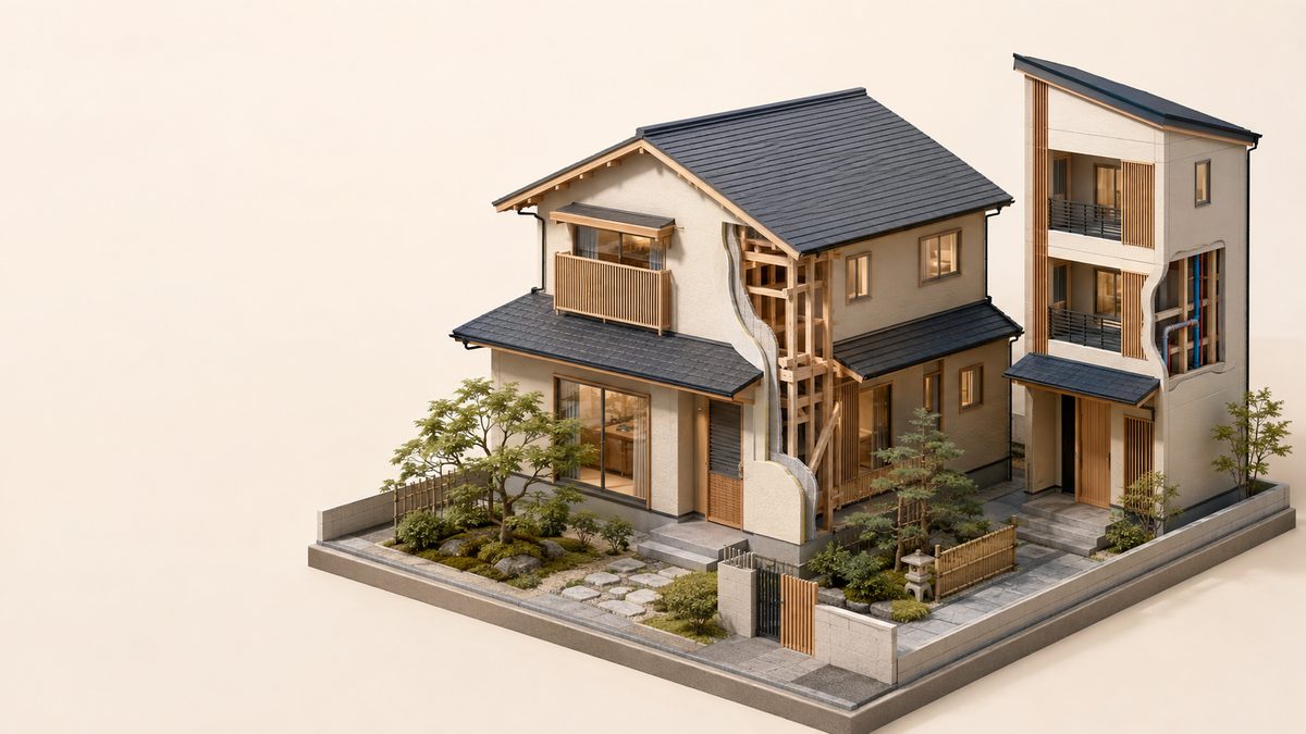 日本の2階建てと狭小3階建て、木部・壁内配管を表す説明用3D模型