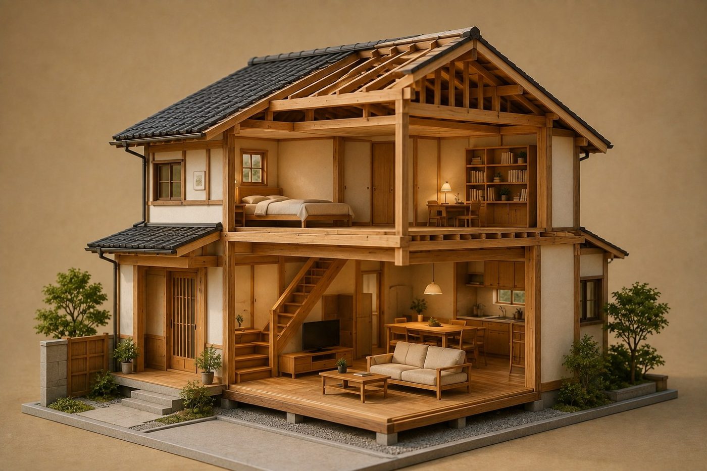 二階建て住宅の屋根や壁、骨組みをご覧ください。この模型は、実際の解体手順や構造の安全性を示すものではありません。(AI生成の説明用模型)