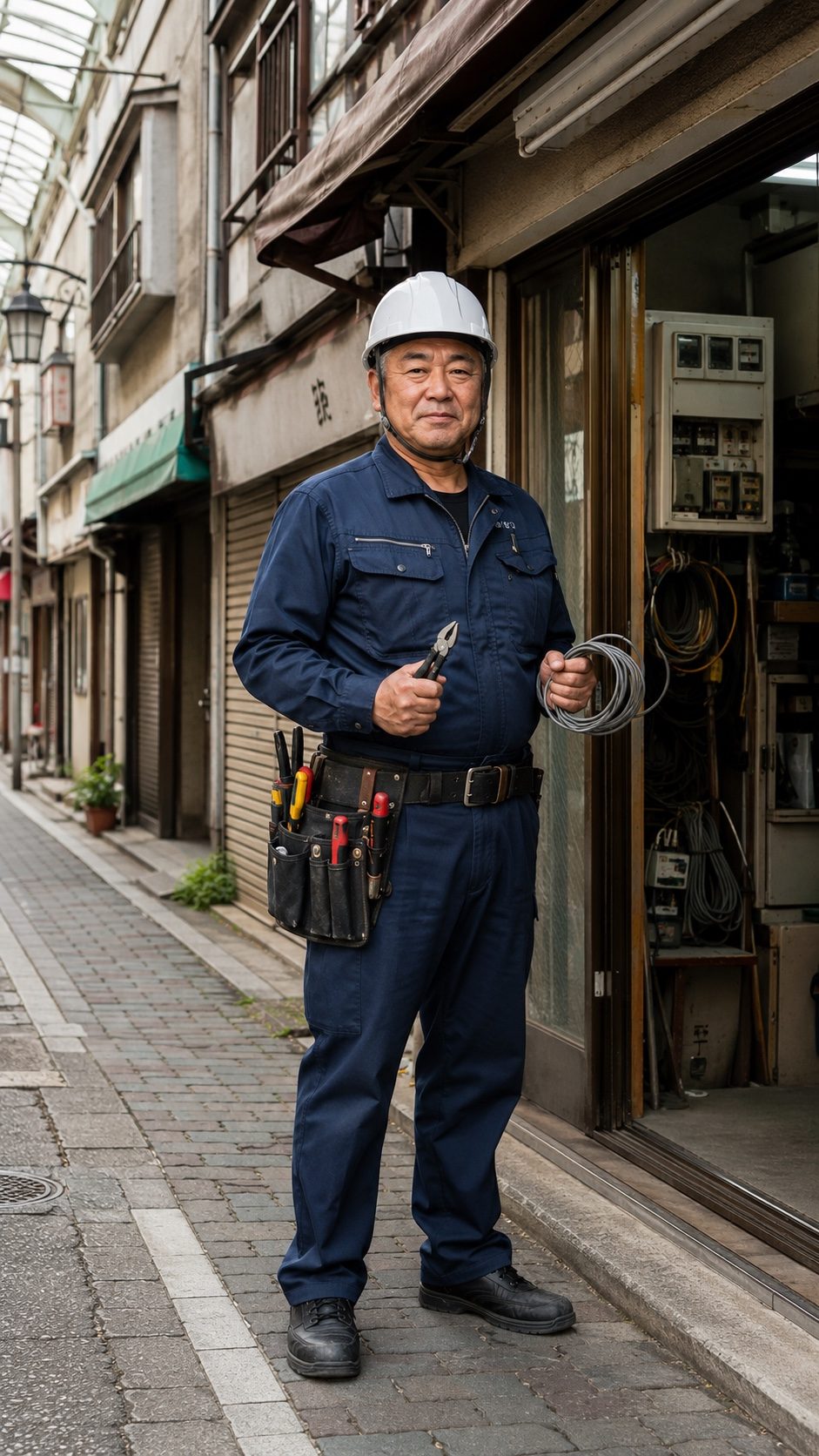 商店街に立つ紺の作業服とヘルメットの電気工事職人（AI・構成見本）
