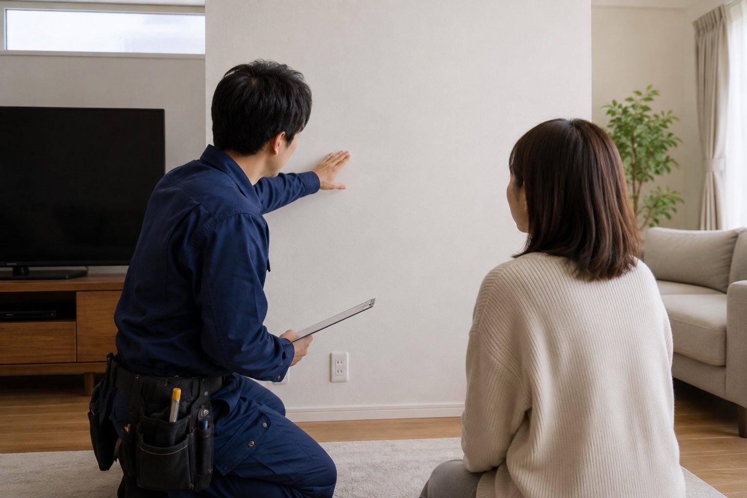 室内で壁を指しながら相談者へ説明する場面(AI・構成見本)