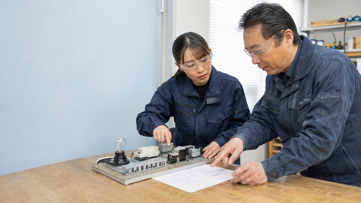 作業台の電気機器を二人で確認する架空の作業者(AI・構成見本)