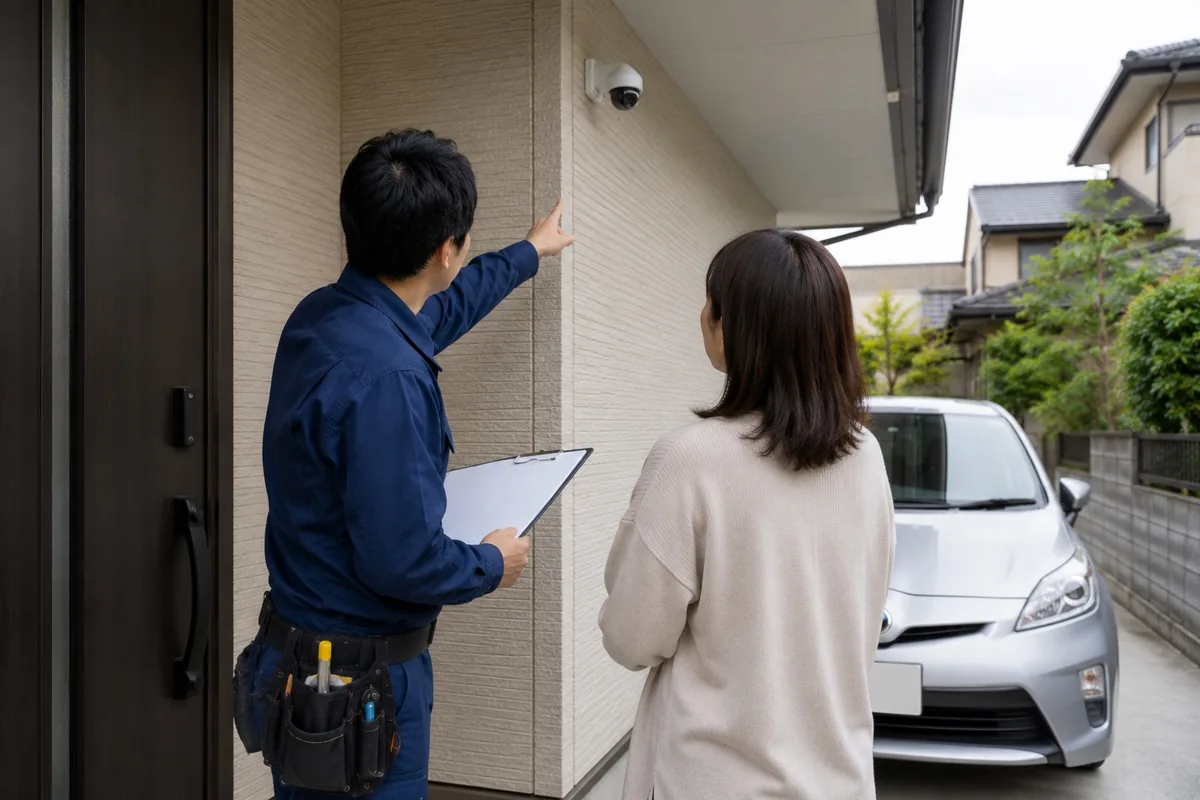 軒下のカメラを指さしながら話す2人(説明用イメージ)
