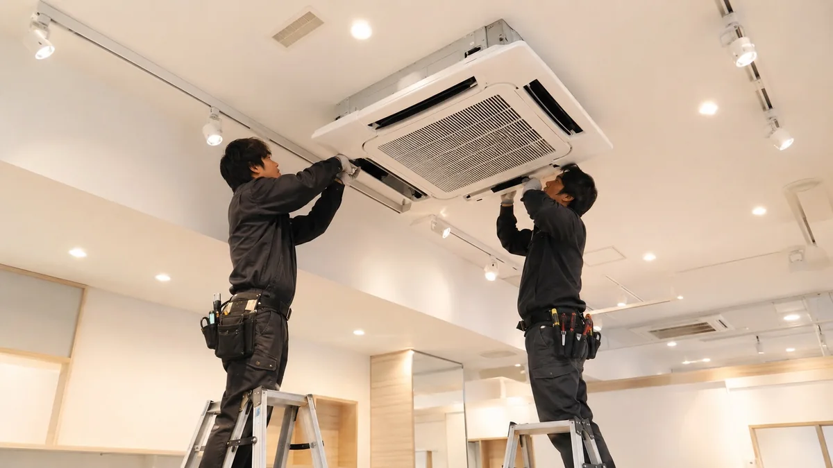 天井の空調機器に手を伸ばして作業する2人（説明用イメージ）