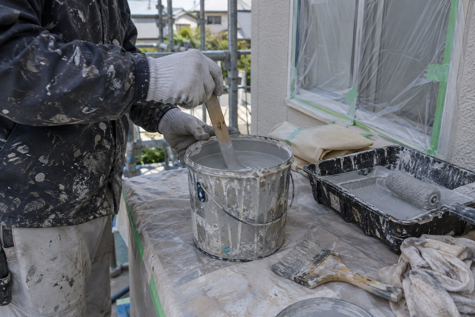Gloved hands mixing paint beside a roller tray — illustrative image