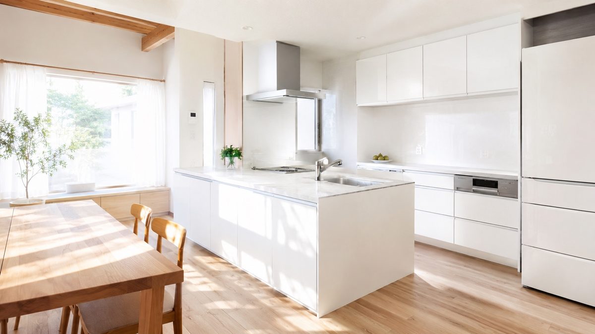 A bright kitchen with white walls, white cabinets, and warm wood — illustrative image