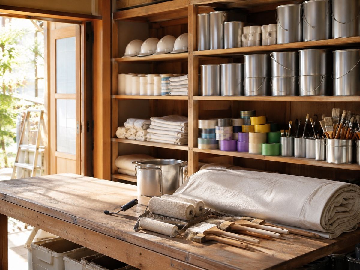 Brushes, rollers, and folded drop cloths on a workbench — illustrative image