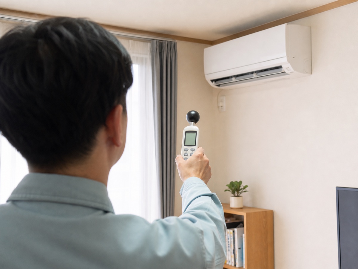 住宅の壁掛けエアコンを計測器で点検する空調技術者
