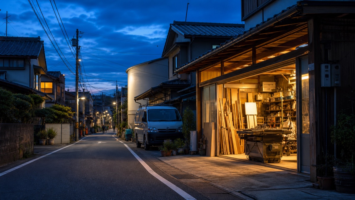 夕暮れの日本の住宅街に明かりが灯る地域の工房
