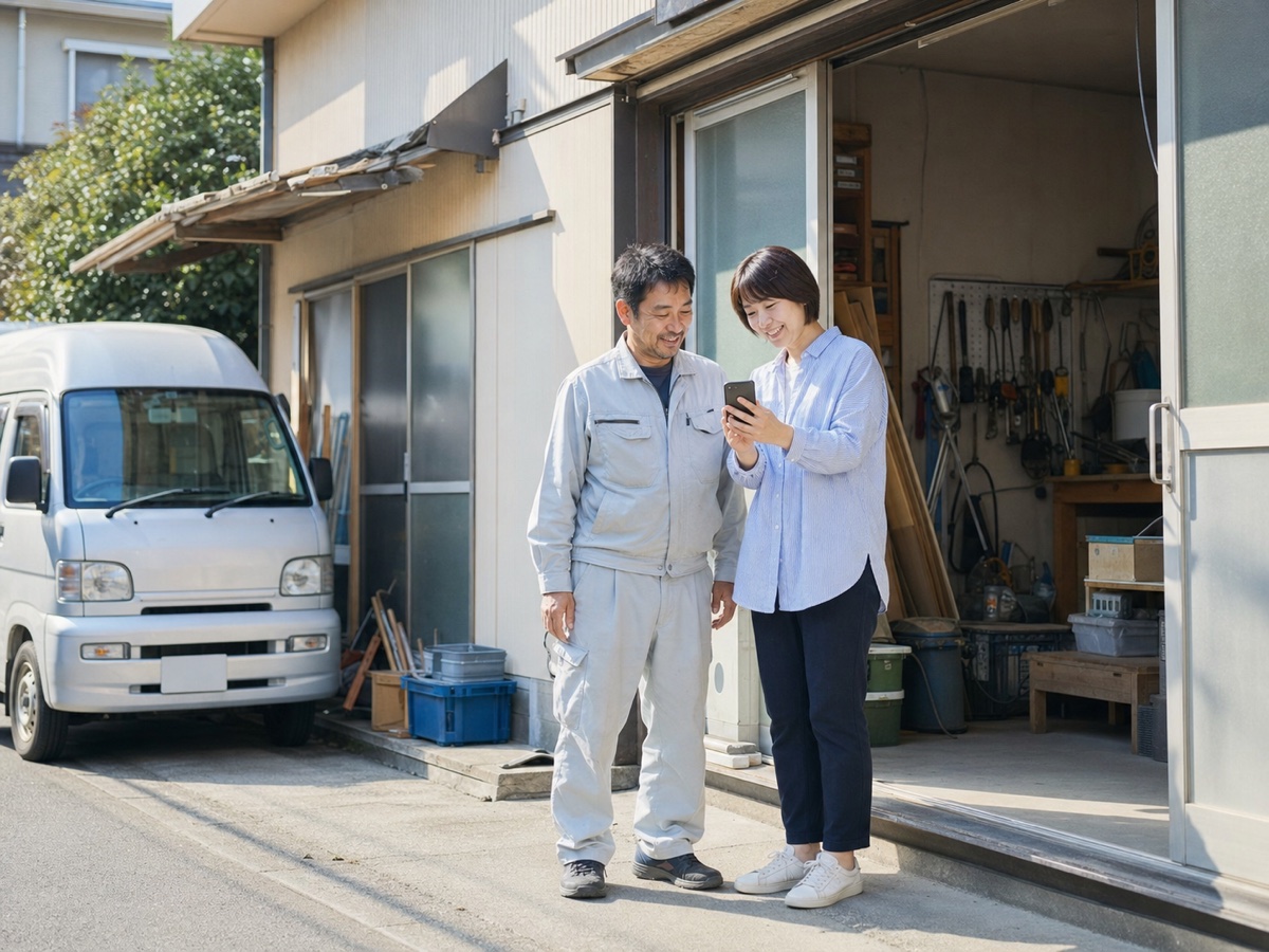地域の小さな工房前で公開したホームページを一緒に確認する様子
