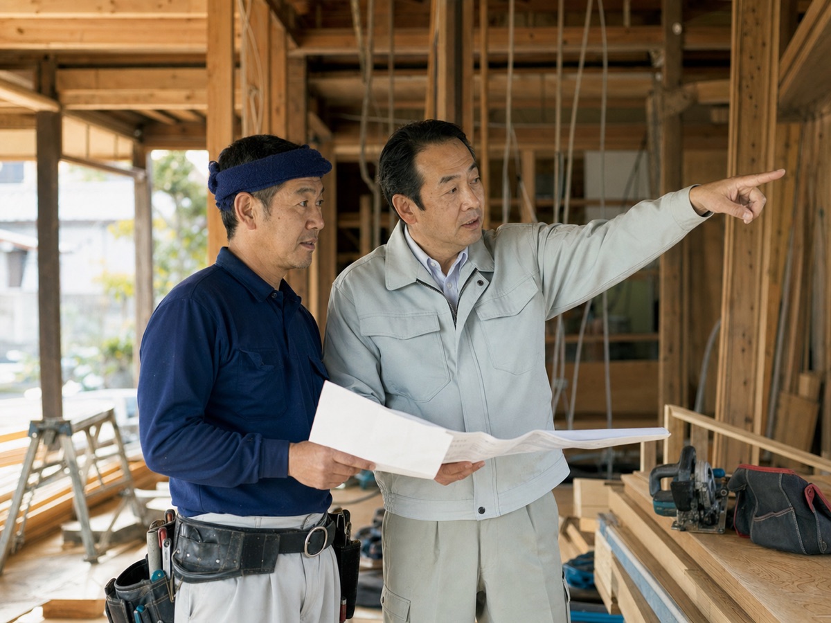 木造住宅の改修現場で図面を確認する日本人の施工管理者と職人