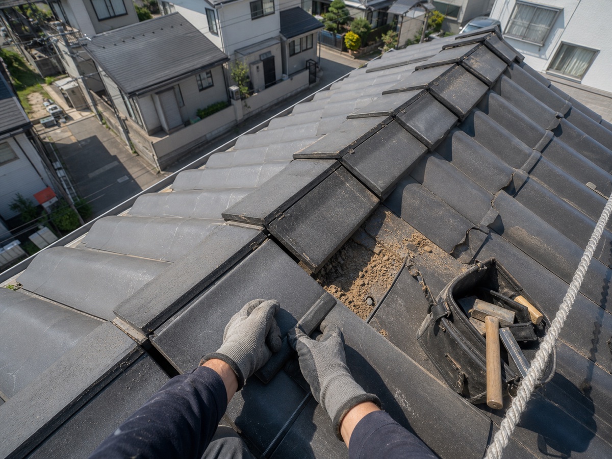 戸建て住宅の瓦を屋根上から補修する職人の視点