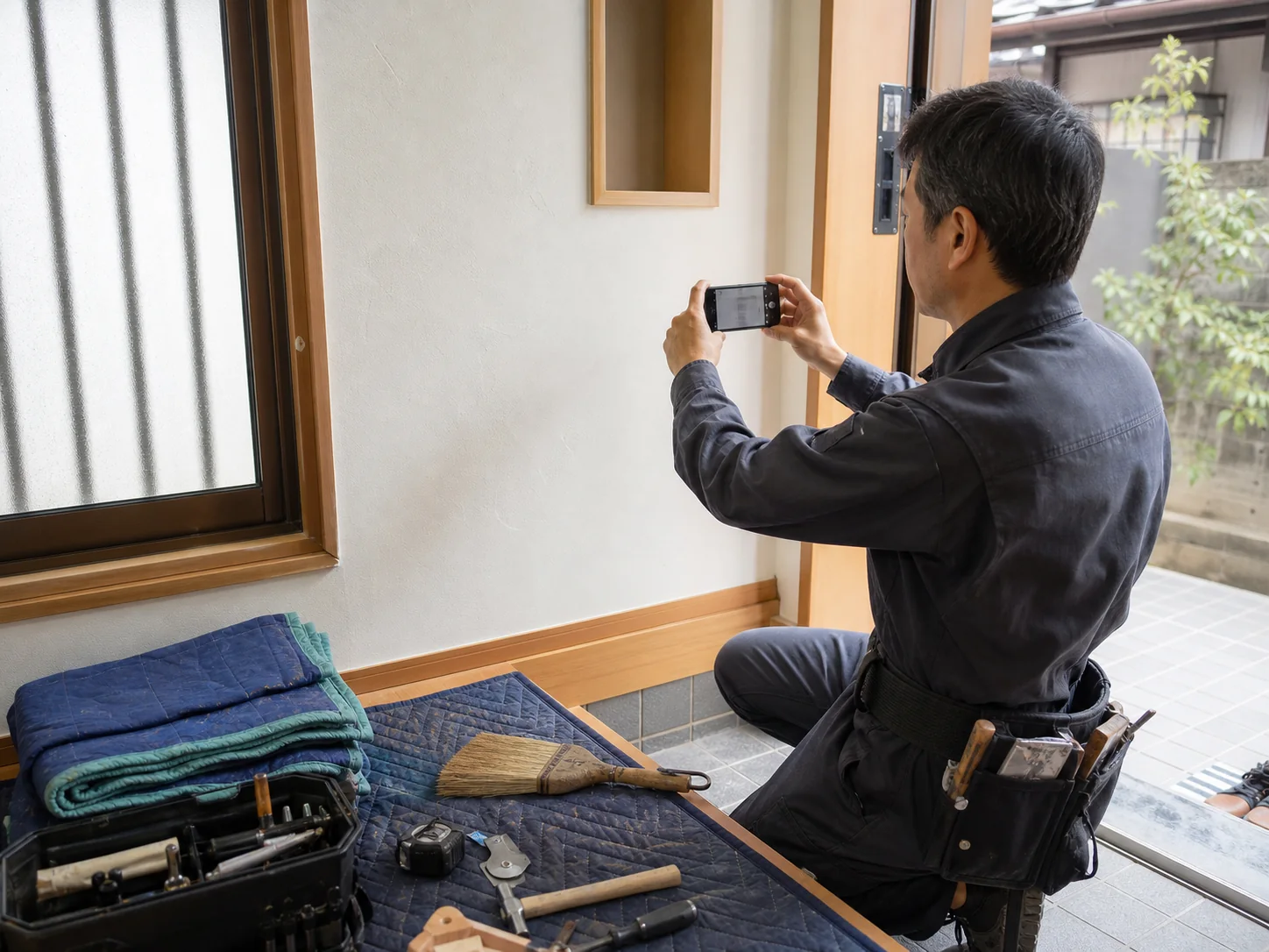 小規模な住宅工事の完了後、スマートフォンで仕上がりを記録する一人親方のイメージ