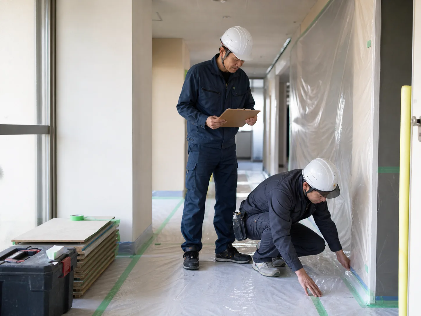 小規模な建物改修現場で、床や壁の養生と作業範囲を確認する建設会社の現場責任者と職人のイメージ